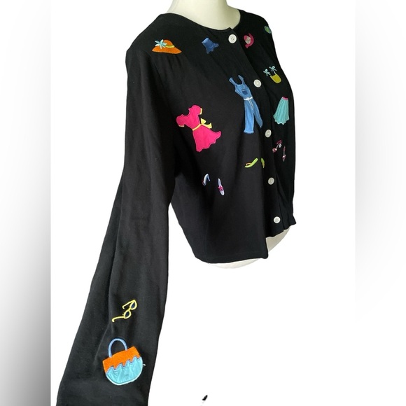 Emma Tricot Black 100% Cotton Cardigan W/Colorful Summer Embroidery, Large - Picture 2 of 6